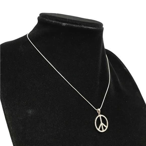 Sterling Silver .925 Italy Snake Chain Diamond Chip Peace Sign Pendant SUN 17” - Picture 2 of 6